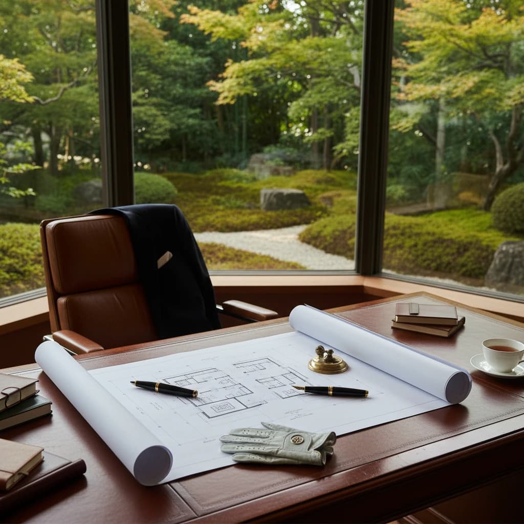 不動産オーナーの書斎にある設計図とゴルフグローブ