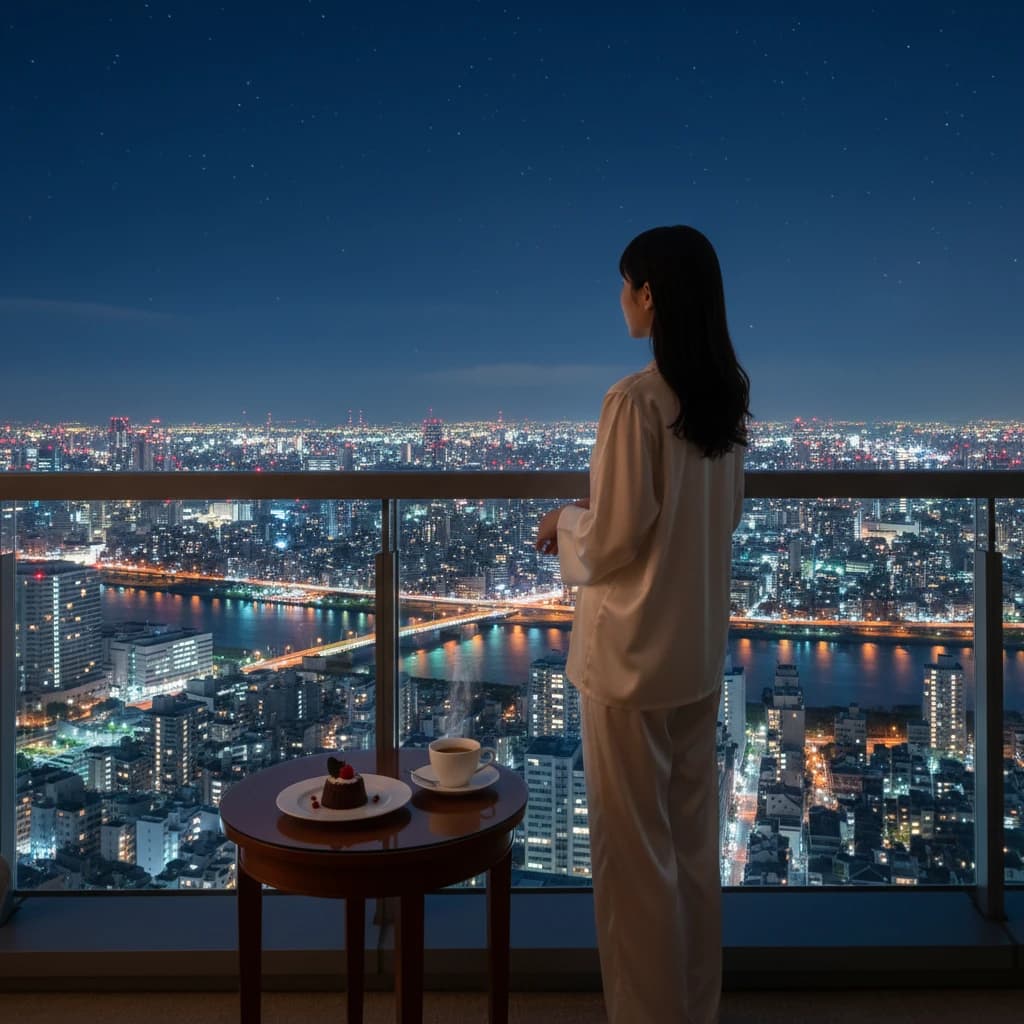 ラグジュアリーなホテルの部屋から夜景を眺める女性の背中。落ち着いた雰囲気で、テーブルにはコーヒーカップが置かれている。