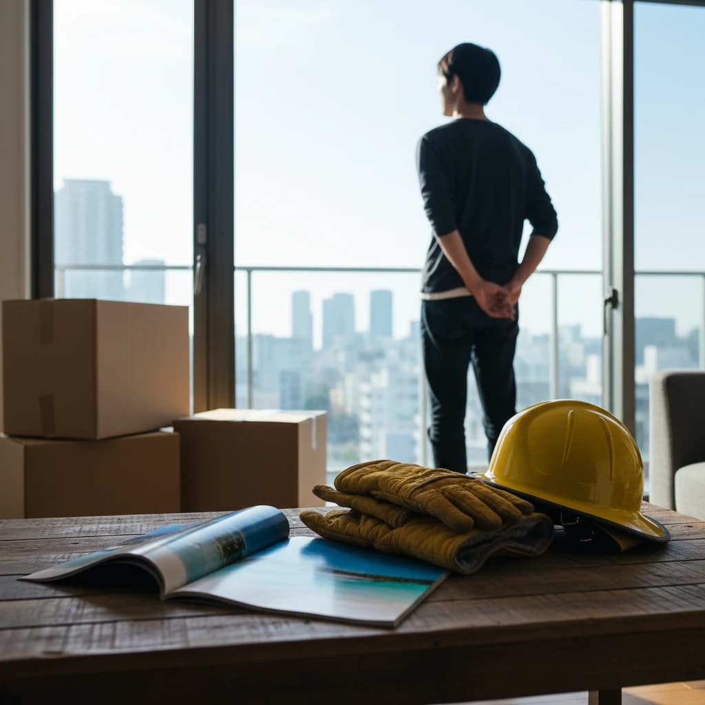 A cinematic shot of a modern living room with moving boxes, a firefighter's helmet and gloves on a wooden table, and a travel magazine showing a tropical beach.