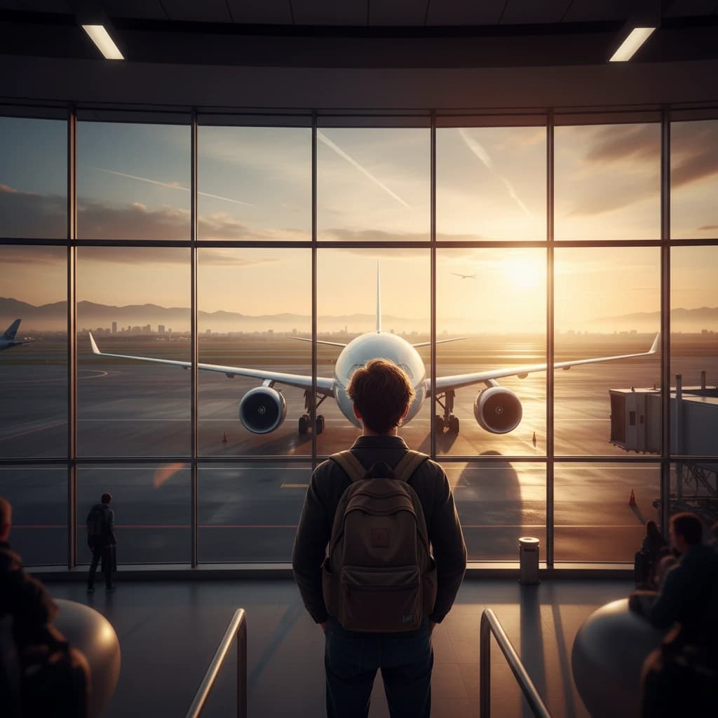 空港の出発ロビーから飛行機を眺める若者の後ろ姿