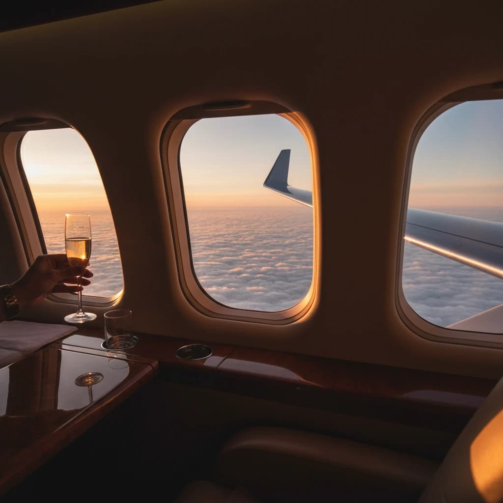 飛行機の窓から見える美しい雲海と夕陽