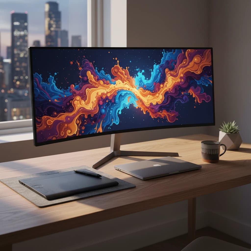 洗練されたクリエイターのデスク環境。大型モニター、ペンタブレット、コーヒーカップが整然と並んでいる。