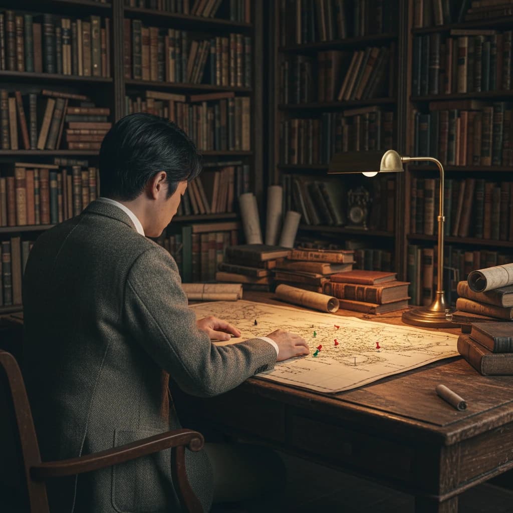 A 32-year-old Japanese male teacher in a study room filled with history books, looking at a map of Japan and planning a trip. Back view, no face visible. Warm lighting, intellectual atmosphere.