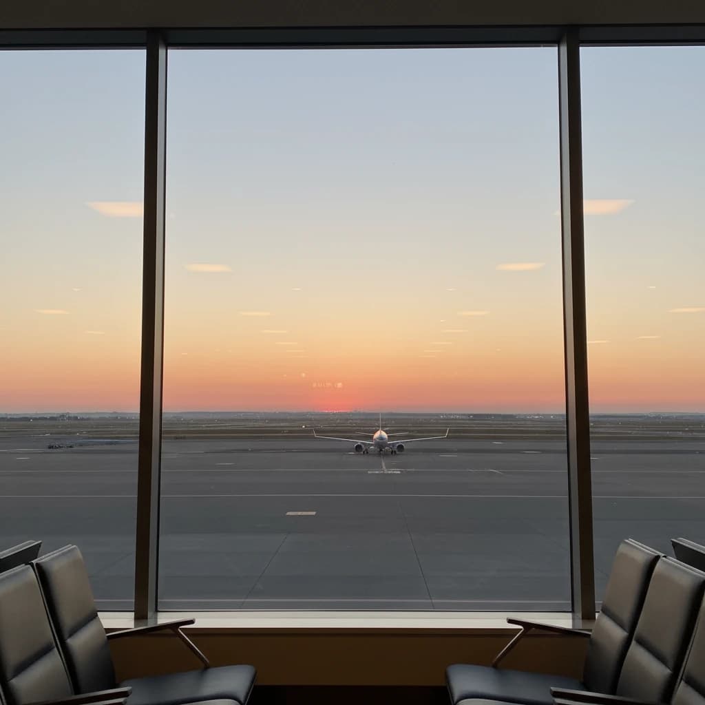A peaceful view of an airport runway at dawn from a terminal window.