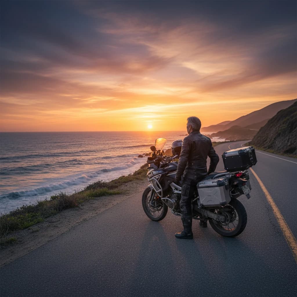 夕暮れの海岸沿いで、大型のアドベンチャーバイクの横に立ち、遠くの地平線を眺める50代後半の日本人男性の背中。静かで希望に満ちた雰囲気。シネマティックなライティング。
