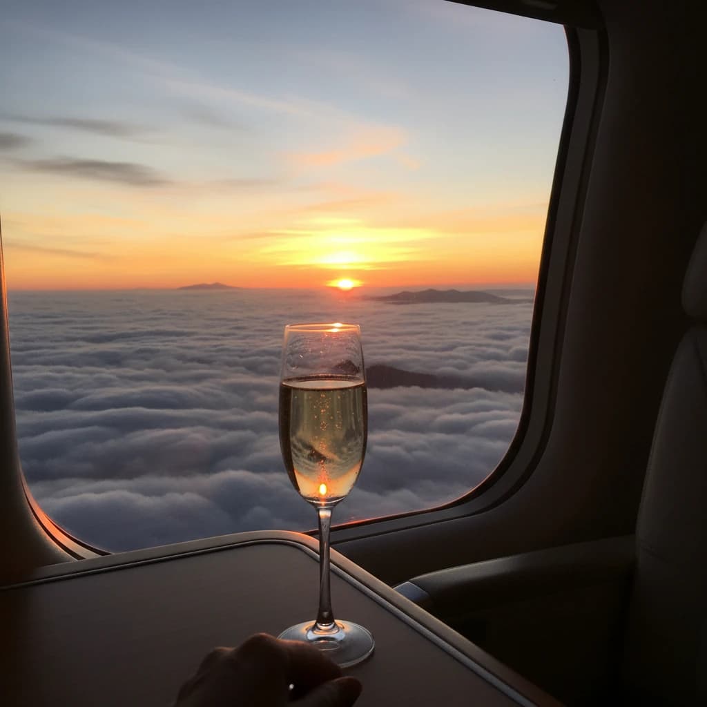 夕暮れ時の飛行機の窓から見える美しい雲海とシャンパングラス