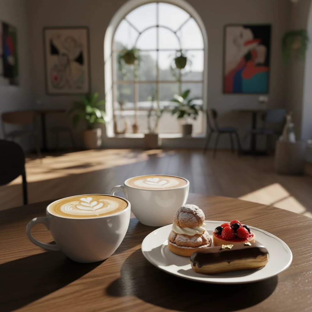 お洒落なカフェのテーブルに置かれたコーヒーとスイーツ