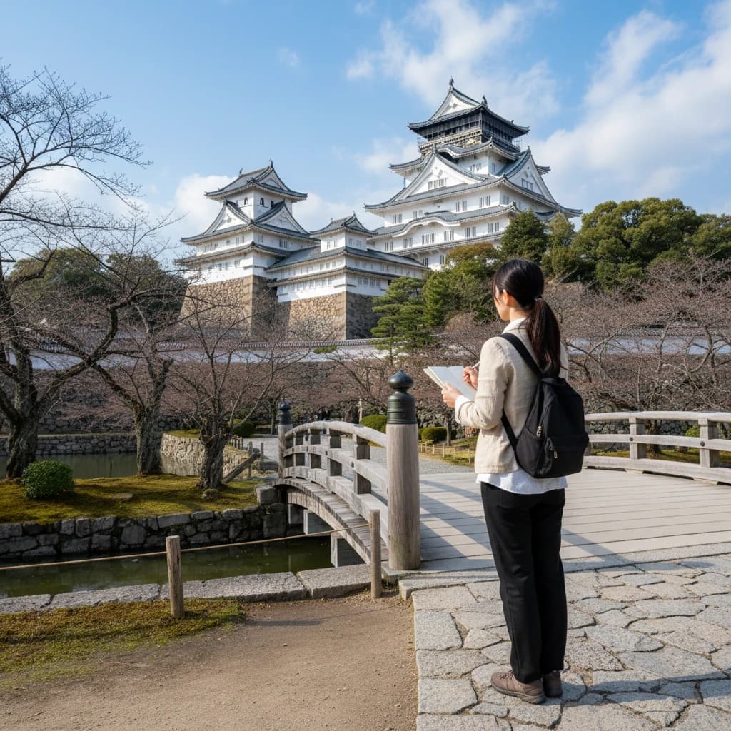 歴史的な日本の城郭を背景に、資料を手に持ちながら遠くを見つめる20代後半の女性の背中。知的な雰囲気と旅の情熱を感じさせる風景。
