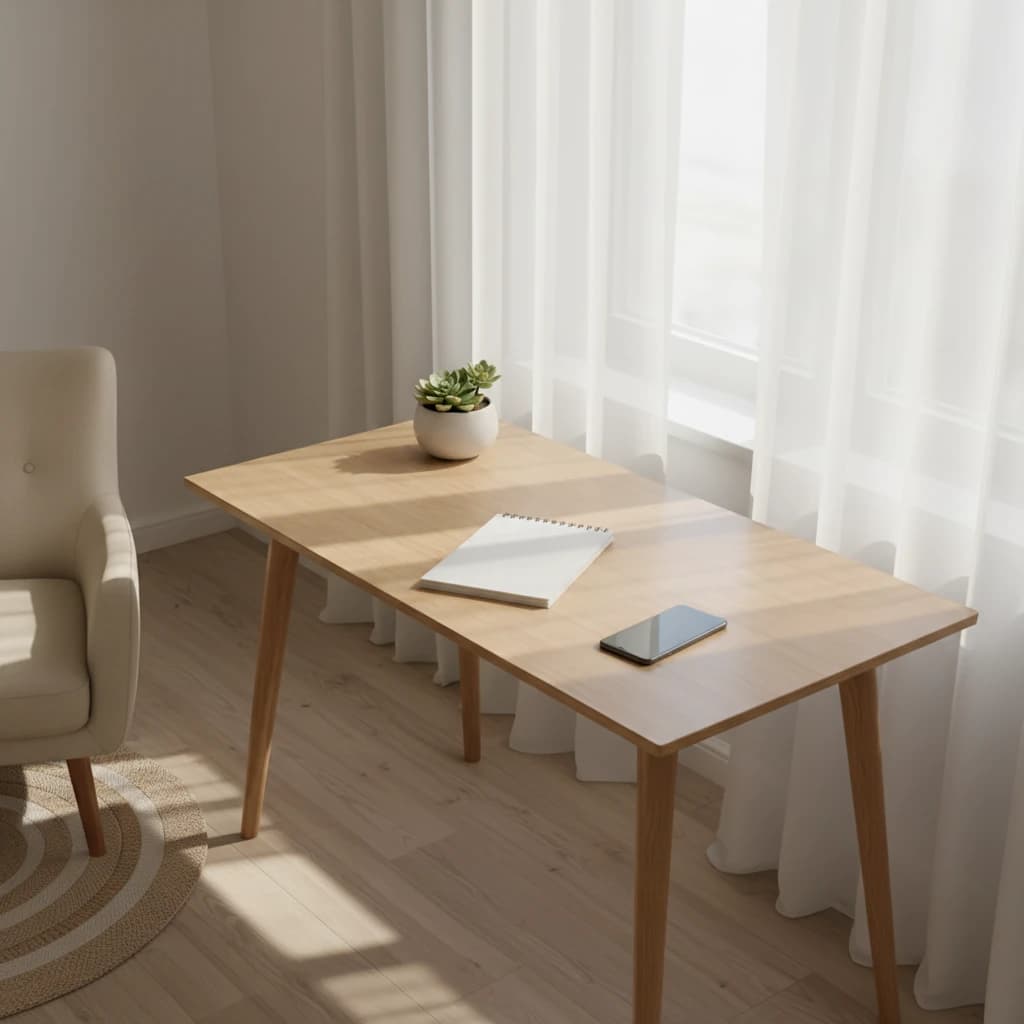 A minimalist, clean studio apartment desk with a single notebook and a small plant, soft natural light coming through the window.