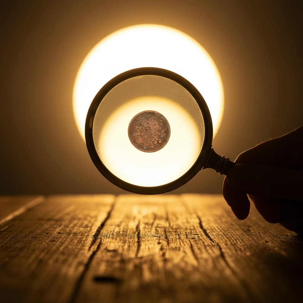 暗い背景に置かれた虫眼鏡が小さな硬貨を拡大しているが、その背後には黄金の光が広がっている様子