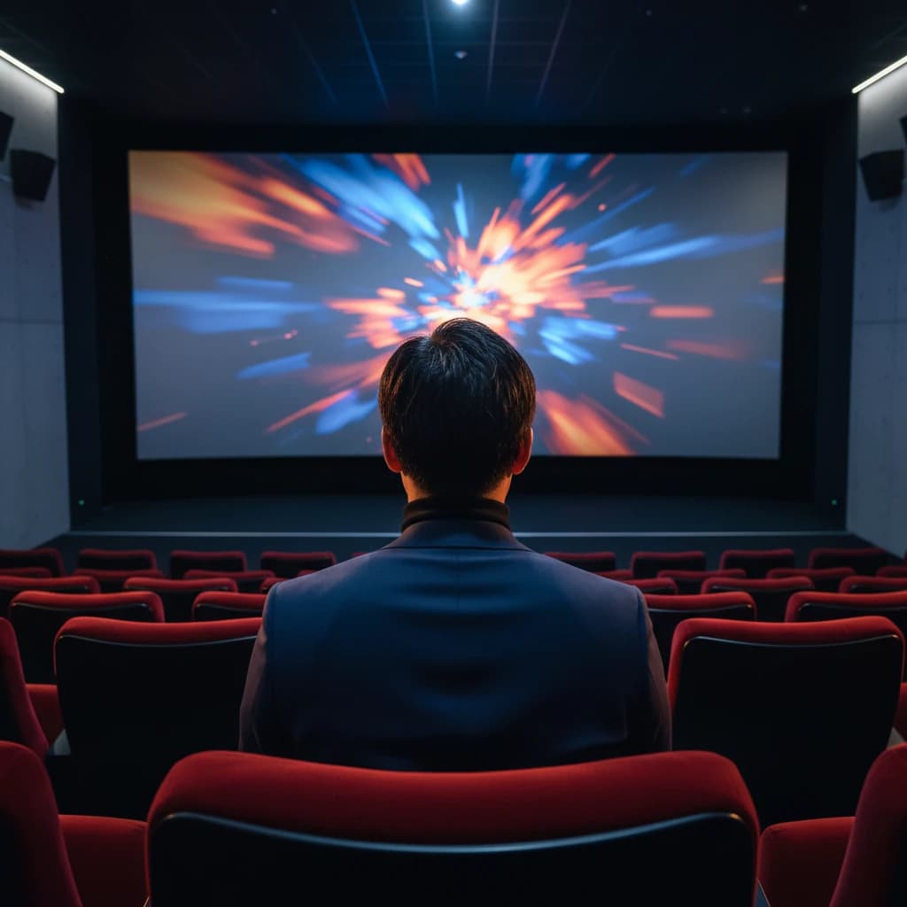 映画館の暗闇でスクリーンを見つめるクリエイターの背中