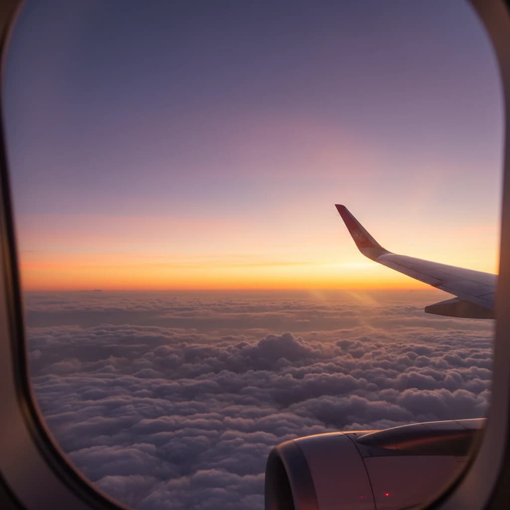 飛行機の窓から見える美しい雲海と夕焼け