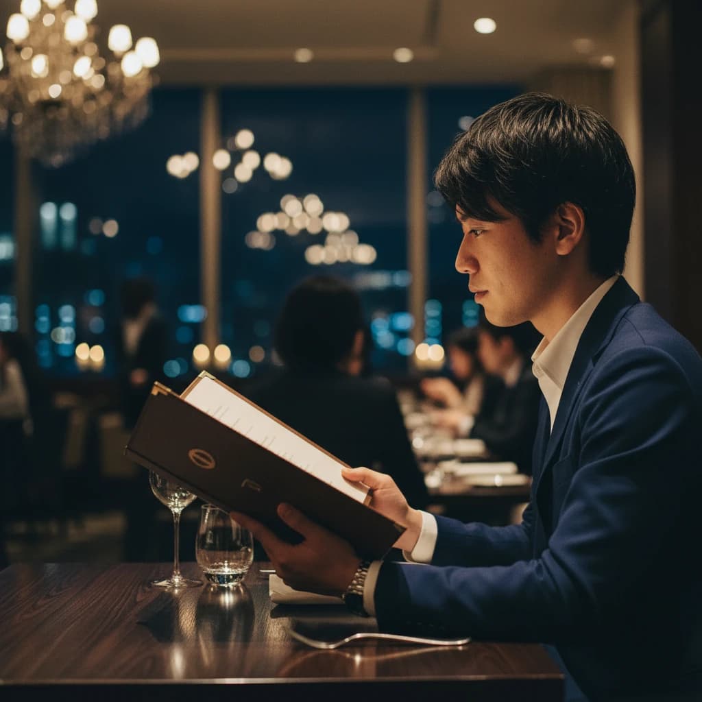 高級レストランでメニューを眺める若きビジネスマン