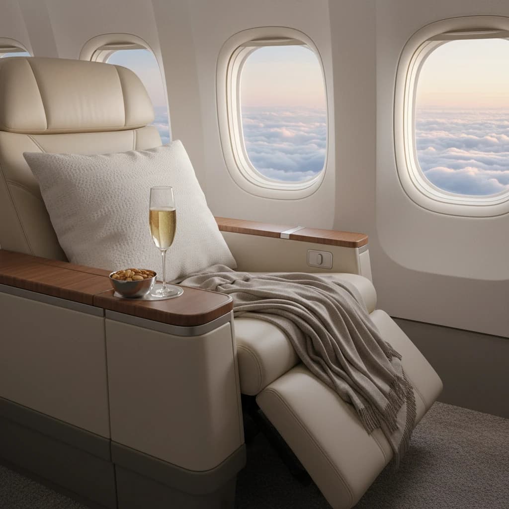豪華な飛行機のビジネスクラスのシートと、サイドテーブルに置かれたシャンパングラス。