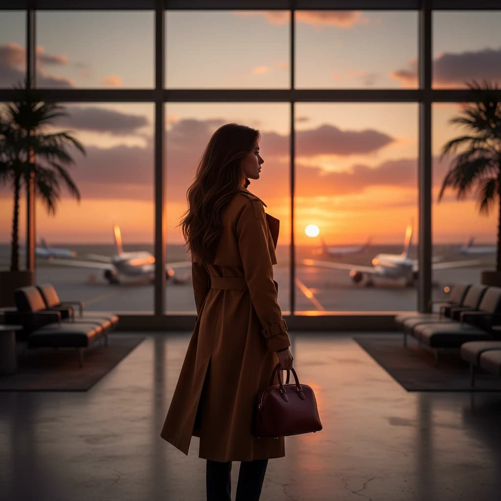空港の窓から夕暮れを眺めるスタイリッシュな女性