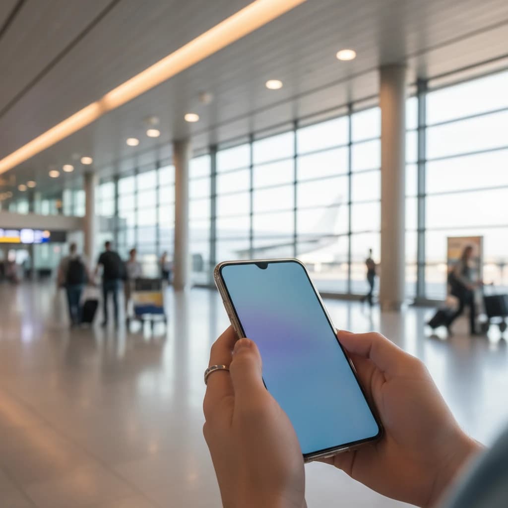 空港の出発ロビーを背景に、スマートフォンを操作する若者の手元のクローズアップ。背景はボケており、旅への期待感を感じさせる雰囲気。