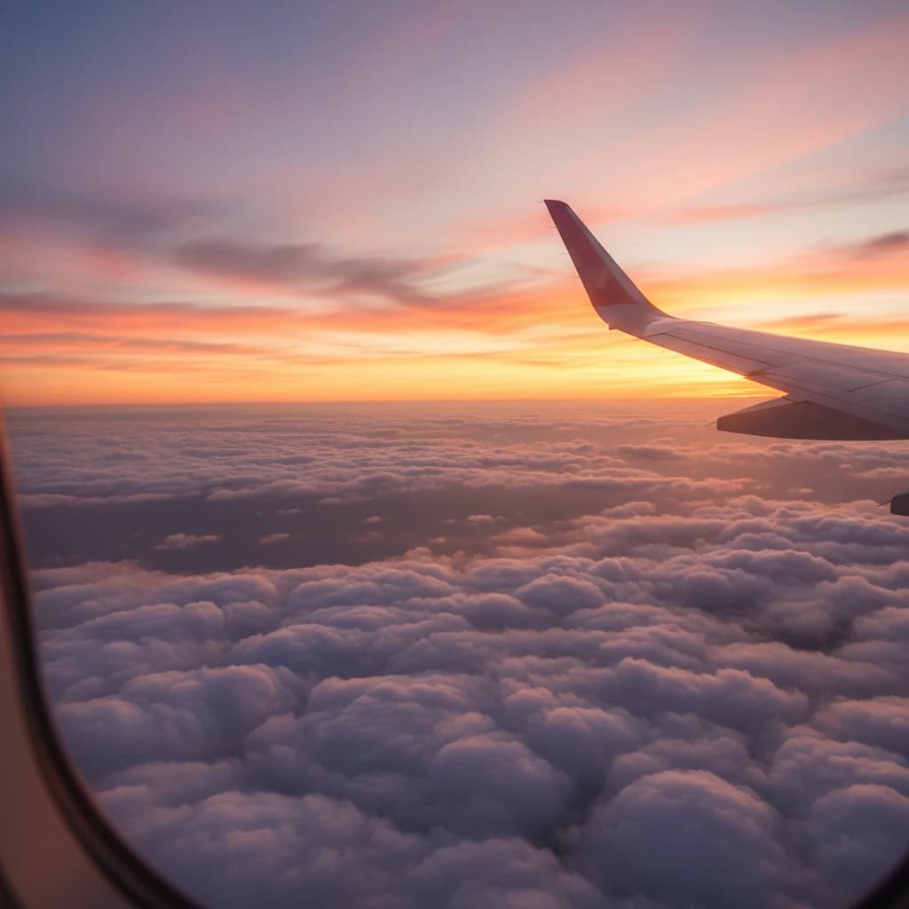 飛行機の窓から見える、雲海と夕日の美しい景色。旅の成功と自由を象徴する風景。