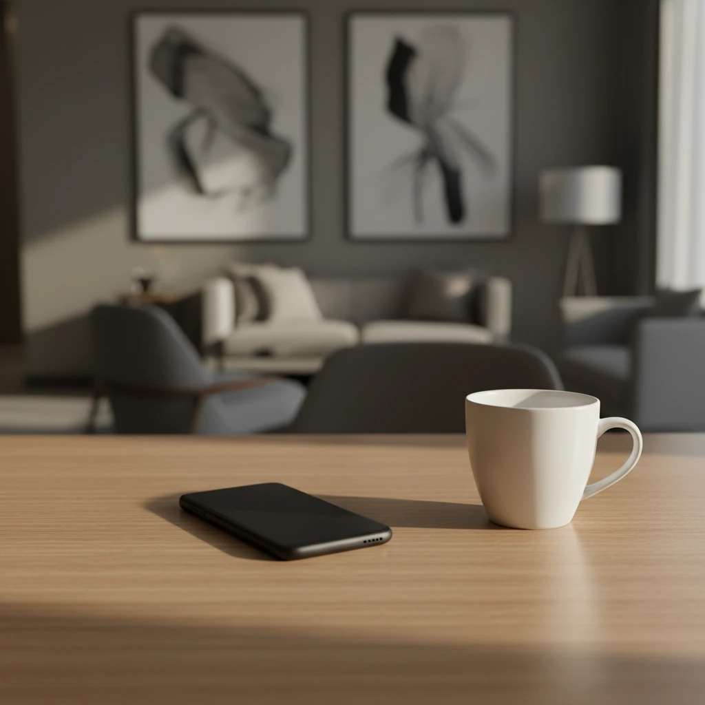 A minimalist wooden desk with only a sleek, modern smartphone and a white ceramic coffee cup. Soft natural morning light coming from a window. No clutter, no wallet, very clean and organized aesthetic.