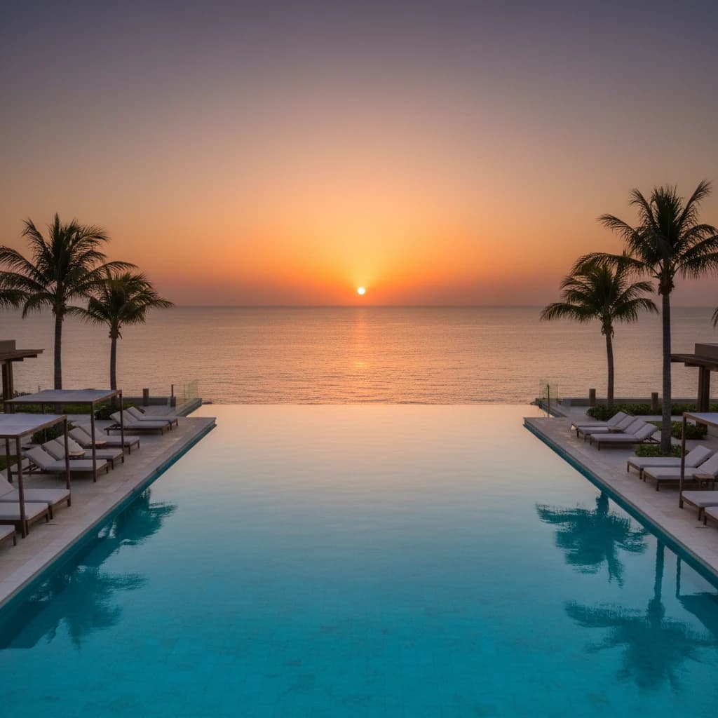 夕暮れ時の美しいインフィニティプール。遠くにはエメラルドグリーンの海が広がっている。