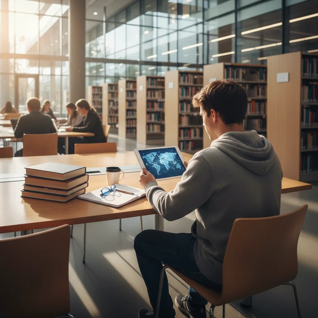 大学の図書館で世界地図を広げ、タブレットで将来の計画を立てている学生の背中。窓からは明るい光が差し込んでいる。