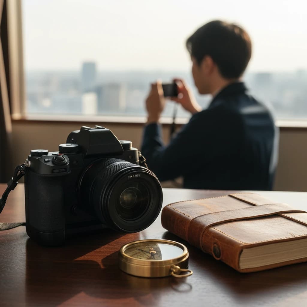 写真家のデスクに置かれたカメラと旅の道具