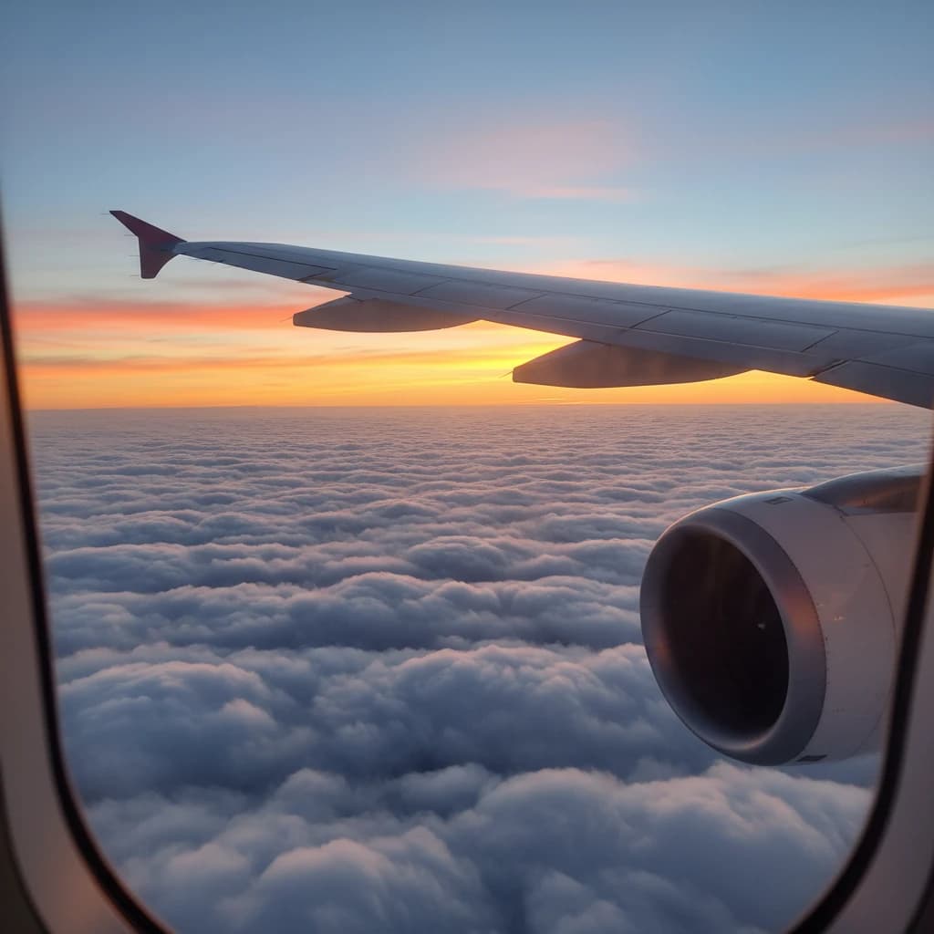 雲海の上を飛ぶ飛行機の翼。美しい朝焼けのオレンジ色と青色のグラデーション。
