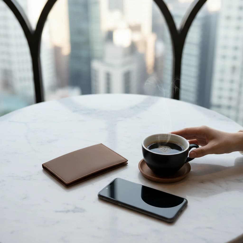 カフェのテーブルに置かれた、高級感のある財布とスマートフォン、コーヒーカップ。