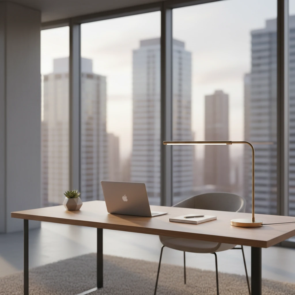 Modern minimalist startup office with a laptop and notebooks on a wooden desk, soft natural light from a window.