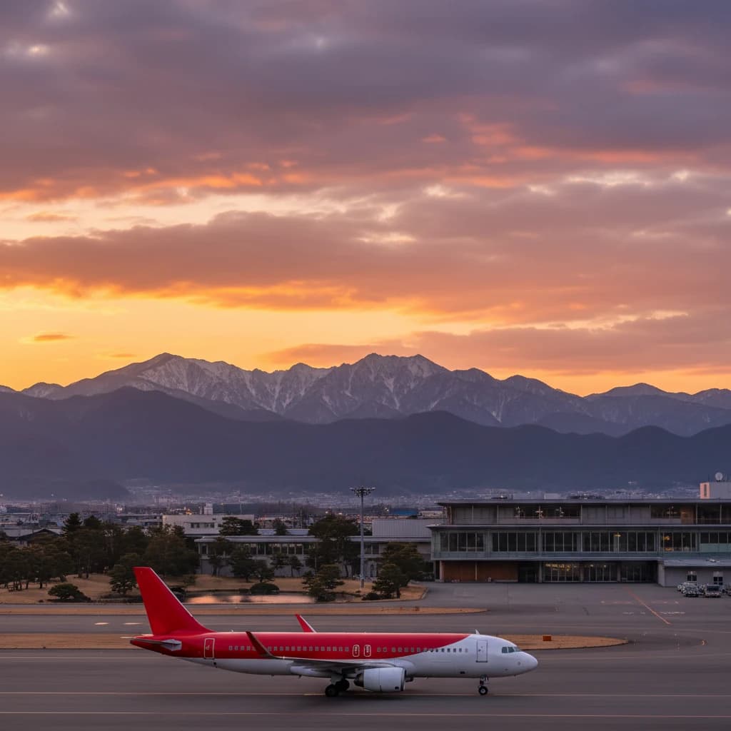 地方空港の滑走路に駐機するJALの機体と美しい夕景