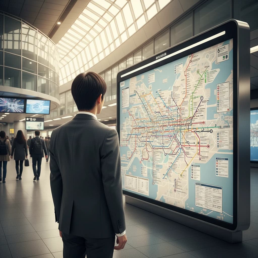 東京の地下鉄路線図を眺める新社会人の後ろ姿