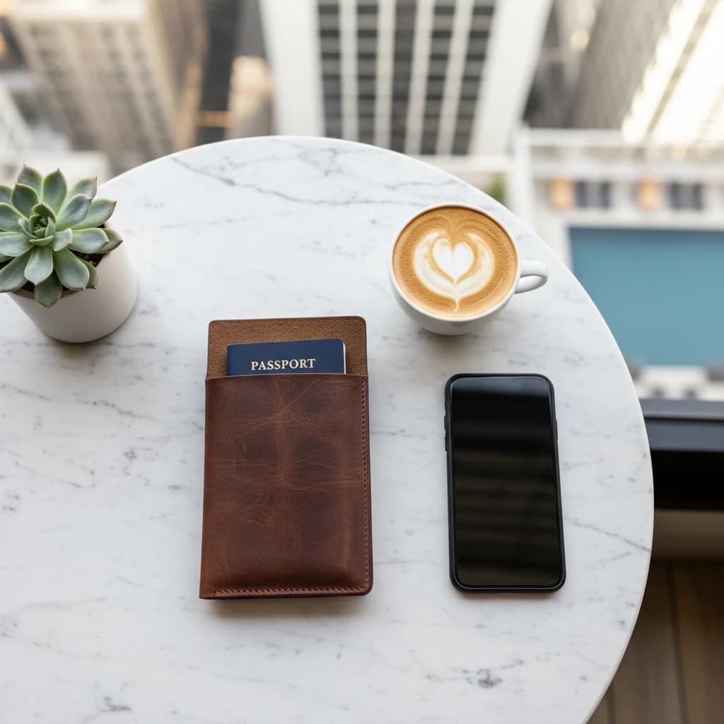 お洒落なカフェのテーブルに置かれた、パスポートとスマートフォン、そして一杯のラテ。