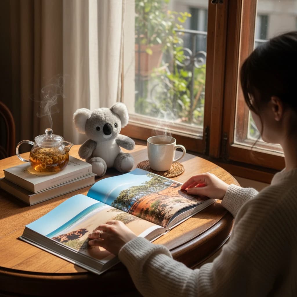 オーストラリアのガイドブックとコアラのぬいぐるみを見つめる、癒やしの旅を夢見るひととき