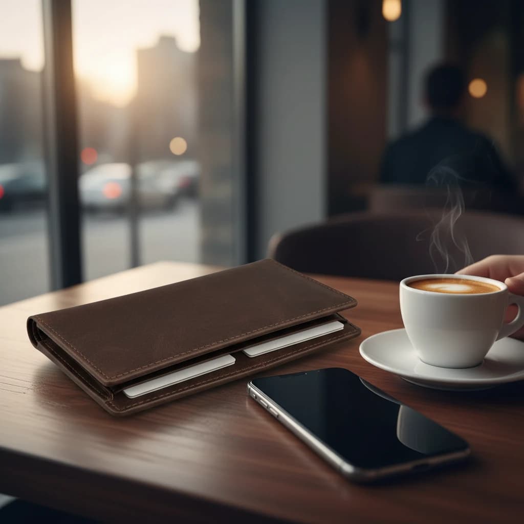 洗練されたカフェのテーブルに置かれたスマートフォンと上質な財布。デジタル決済への集約を象徴するシーン。