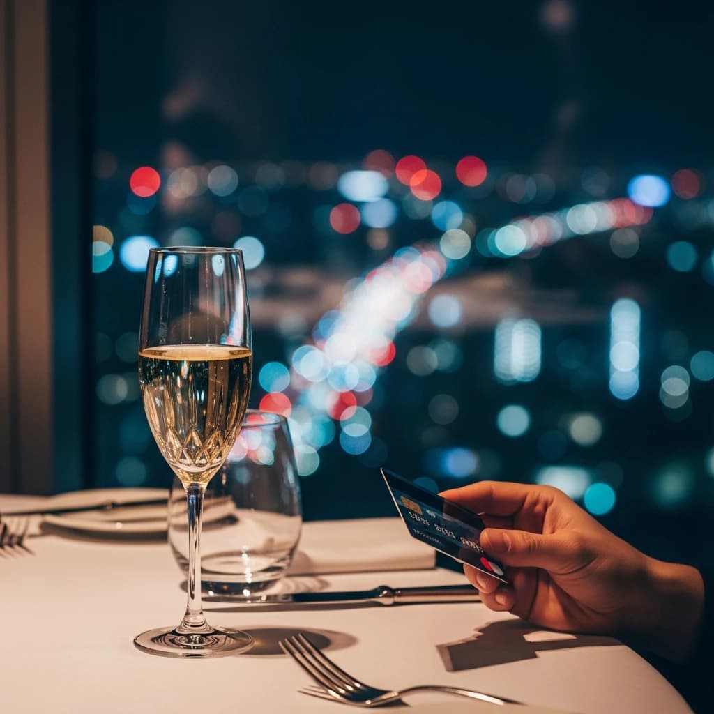 洗練されたホテルのダイニングで、シャンパングラスが置かれたテーブル越しに夜景を眺める情景。手元には上質な革の財布が置かれている。