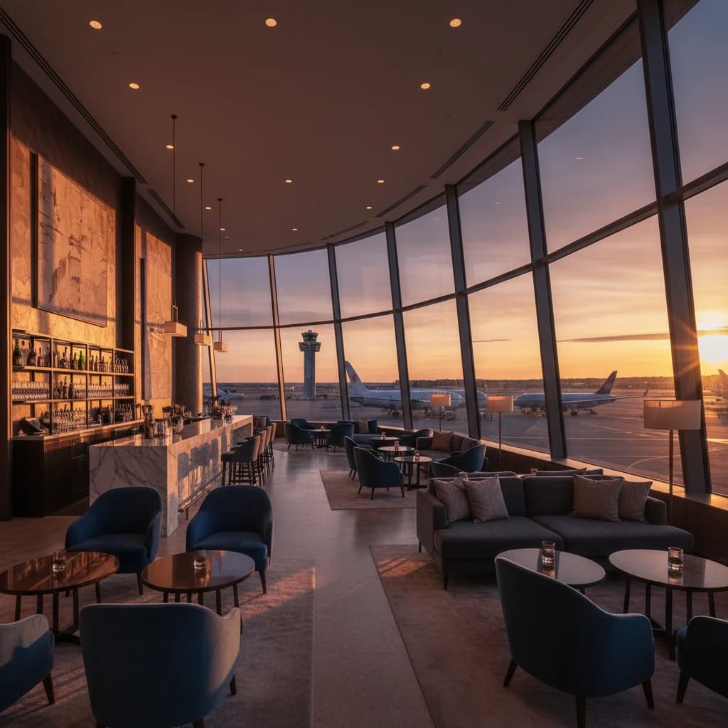 静寂を取り戻したラグジュアリーな空港ラウンジの風景。窓の外には夕暮れの滑走路が広がる。