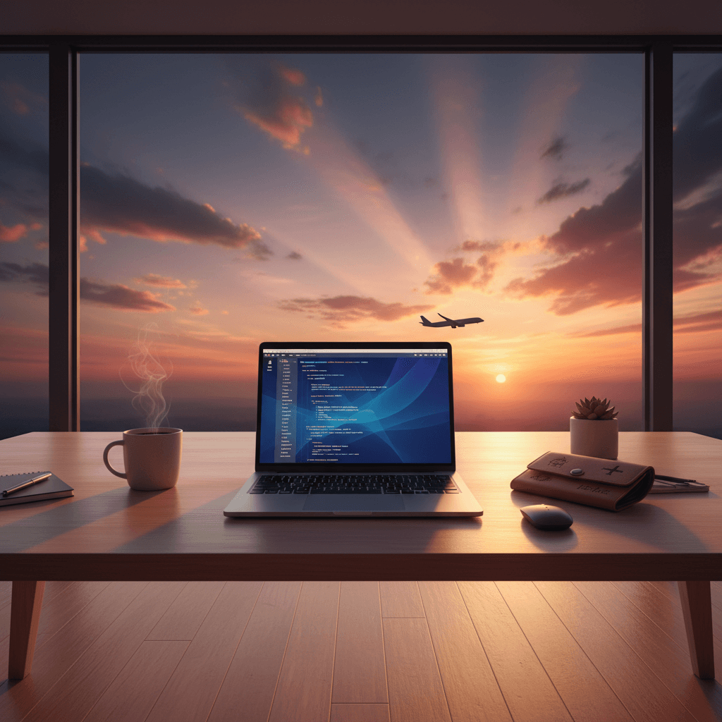 旅の計画を立てるデスク、背景には夕暮れの空と飛行機のシルエット