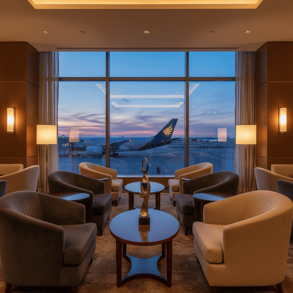 空港の洗練されたラウンジ。窓の外には離陸を待つ尾翼が見える