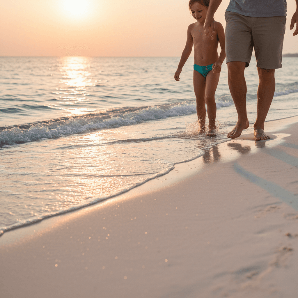 夕暮れの美しいビーチを、大切な人と歩く足元のカット。穏やかな波が旅の成功を物語っている。