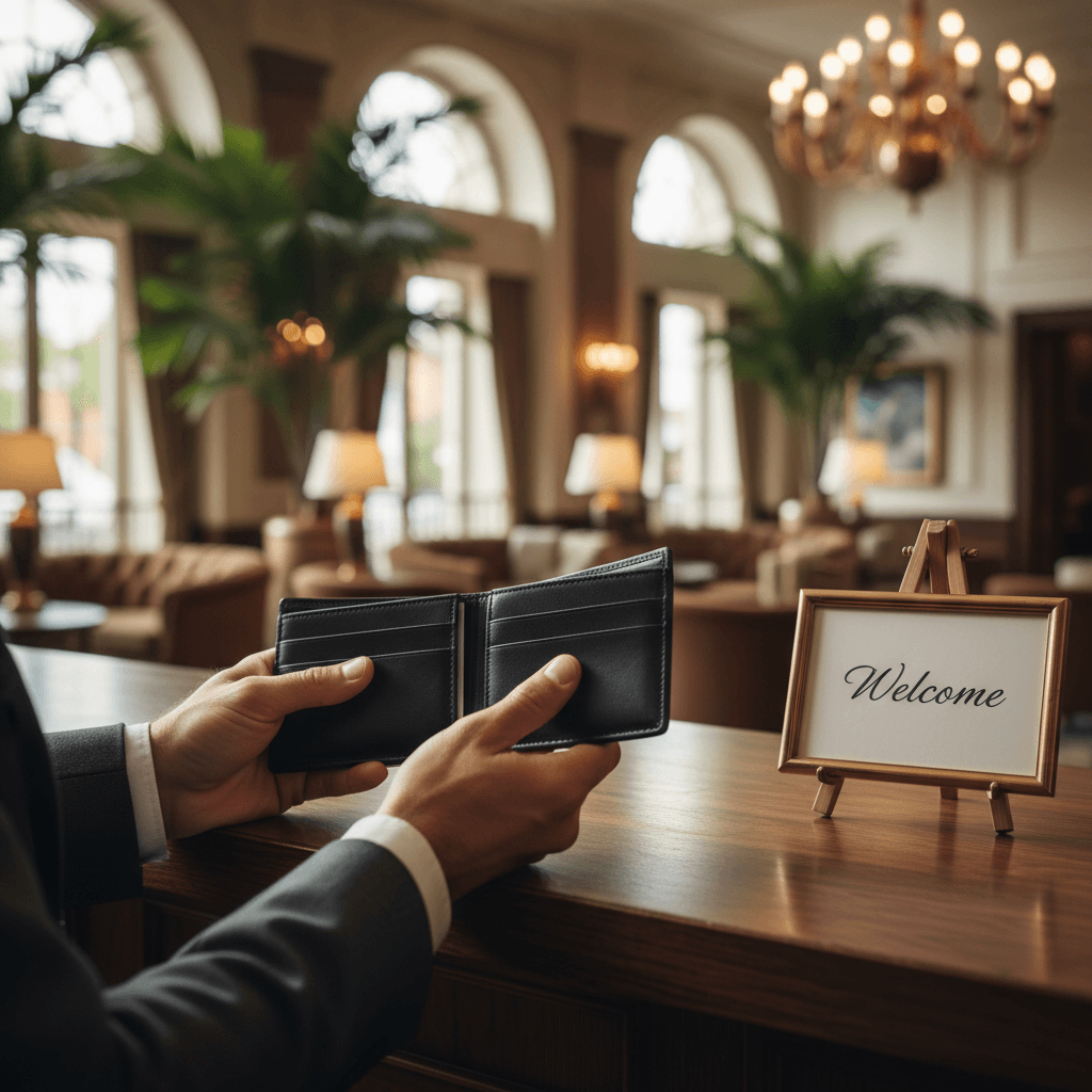 高級感のあるホテルのチェックインカウンターで、スマートに決済を済ませる手元の様子。