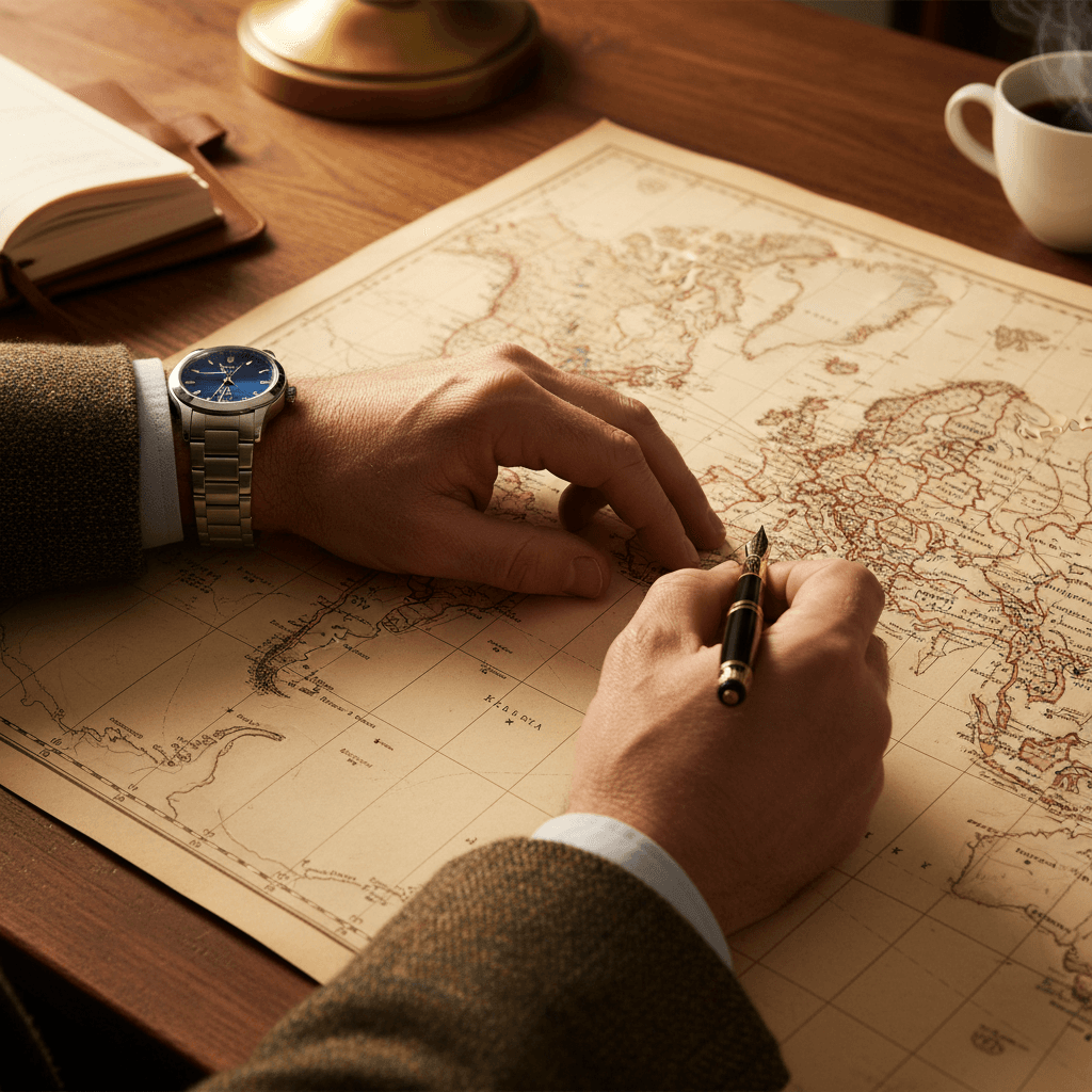 古い世界地図の上に置かれた万年筆と、旅の計画を練る手元
