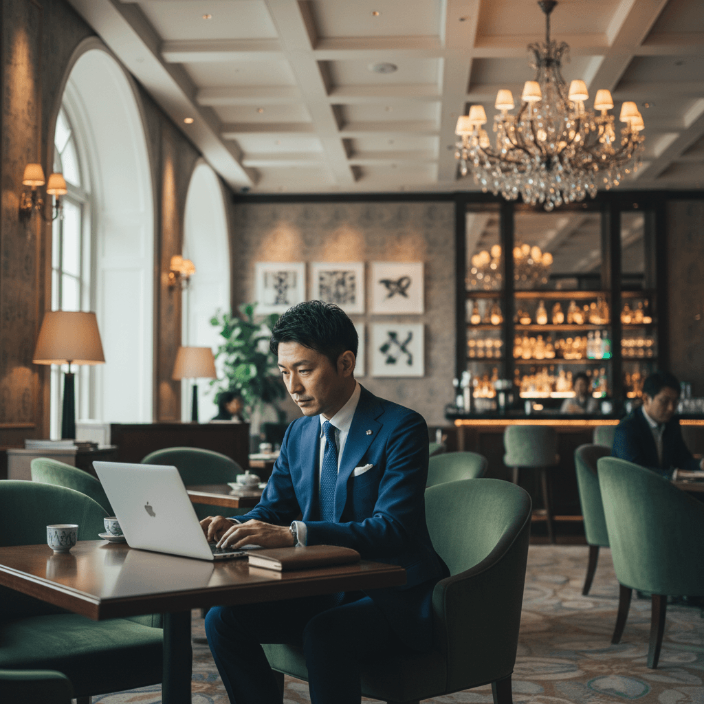 高級ホテルのラウンジでノートパソコンを開き、スマートに仕事をする30代後半のビジネスマン