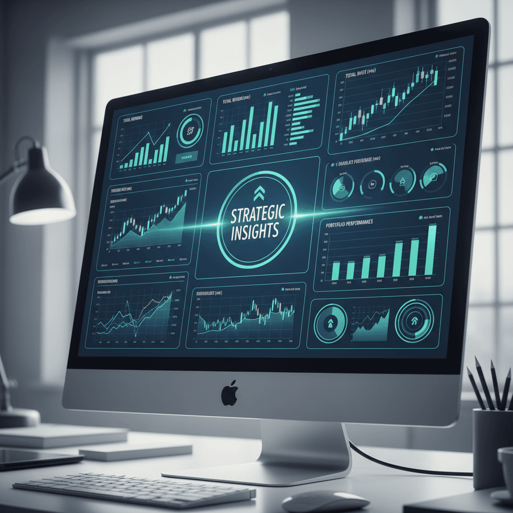 データチャートが並ぶ高解像度のモニター。デジタルでミニマルなビジネス環境。