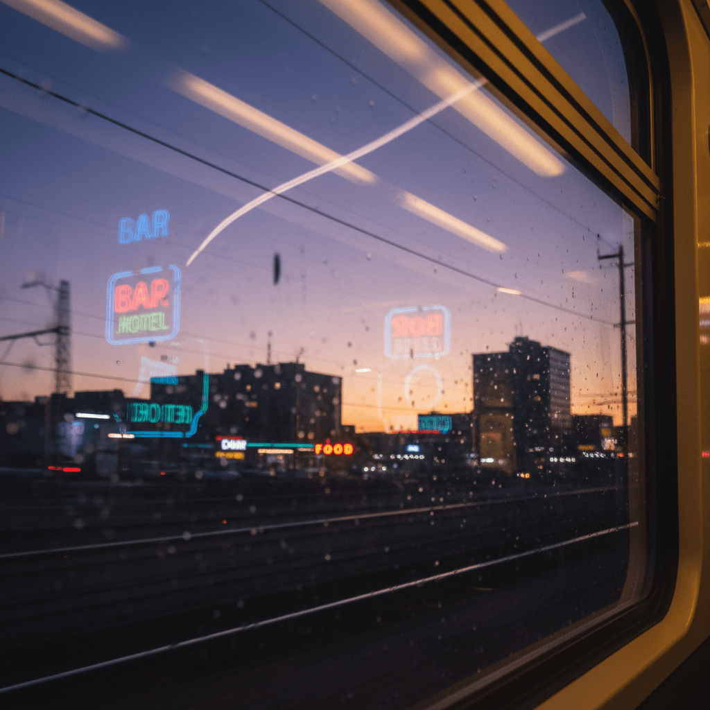 夕暮れの街を走る電車の窓に映る、遠くの空への憧れ