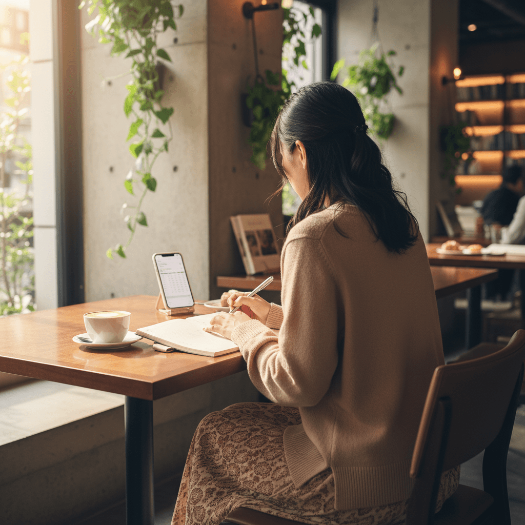 マイル収集に悩み、カフェで家計簿を見つめる女性の背中