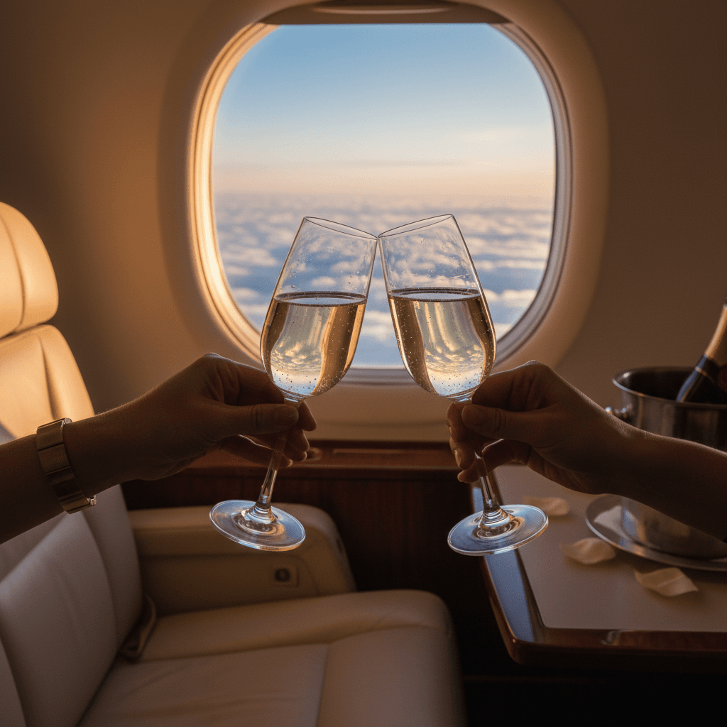 飛行機の窓から見える雲海と、寄り添う夫婦のシルエット。手元にはシャンパングラス