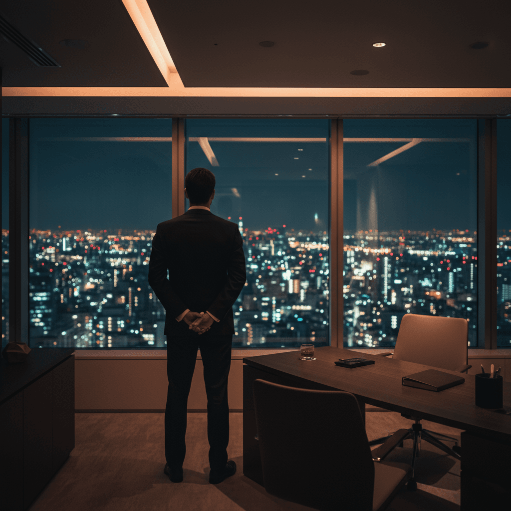 洗練された都市の夜景と、思考を巡らせるビジネスパーソンの背中