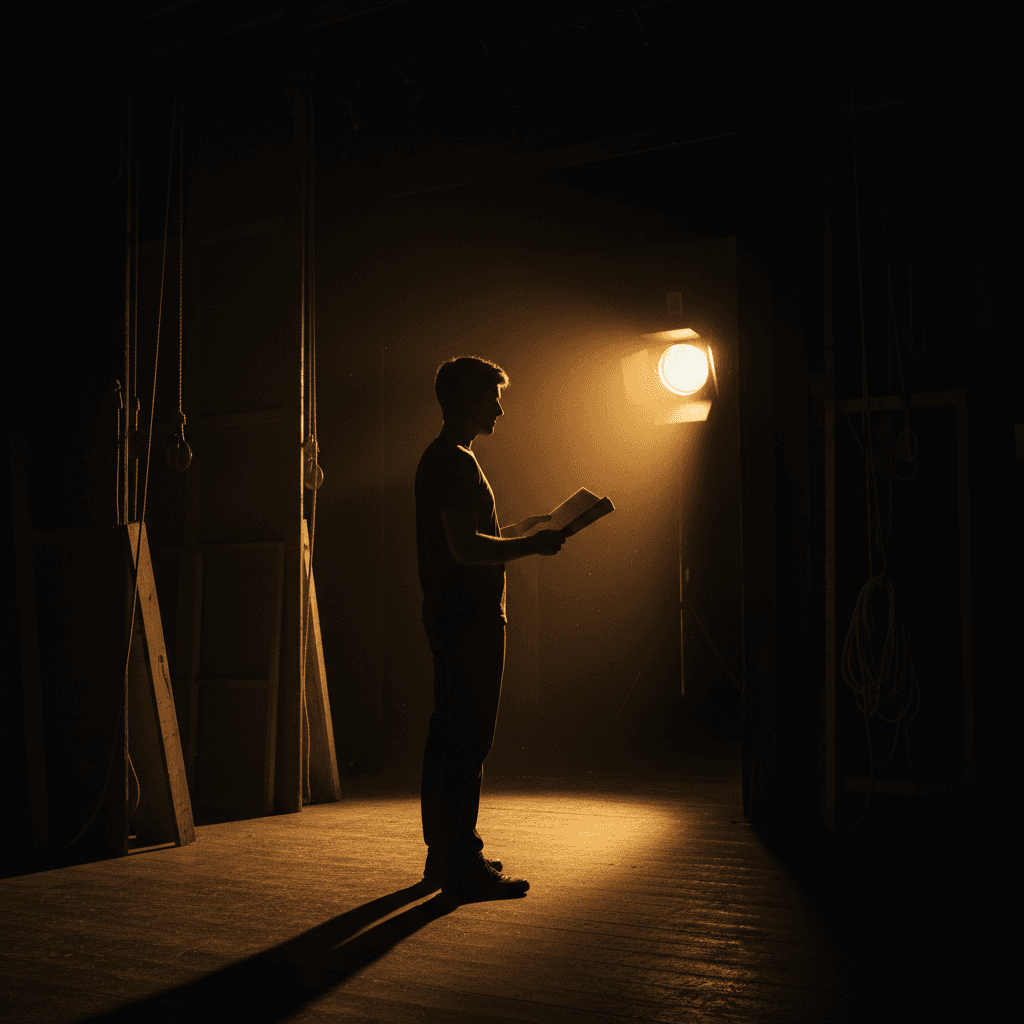 舞台の袖から光差すステージを見つめる若手俳優のシルエット