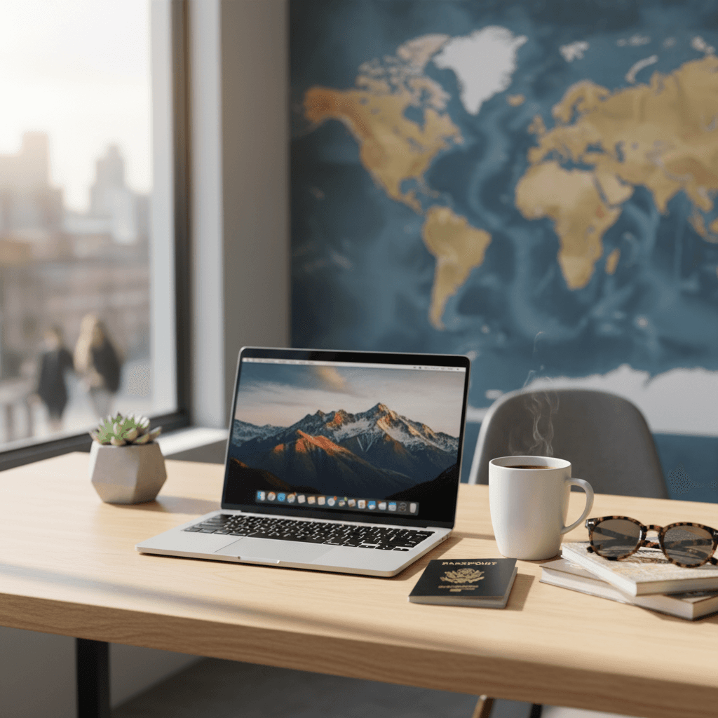 ノートパソコンとコーヒーが置かれたモダンなデスク。傍らにはパスポートとサングラスが置かれ、仕事と旅の融合を象徴している。