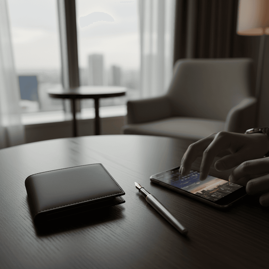 ミニマルで上質なレザーの財布と、整理されたデスク周り