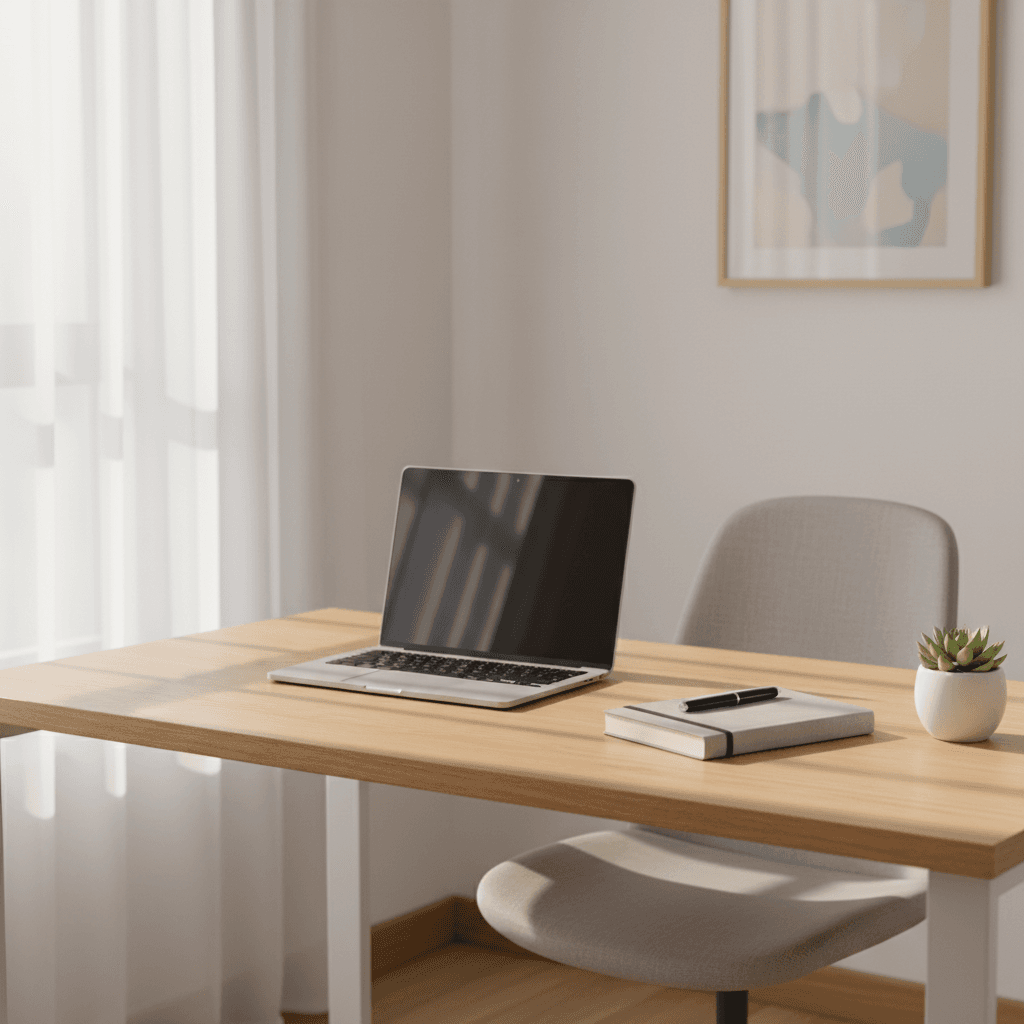 A clean, modern home office or co-working space with a laptop, a notebook, and a small plant, soft morning sunlight streaming through the window, representing a fresh start for an entrepreneur.